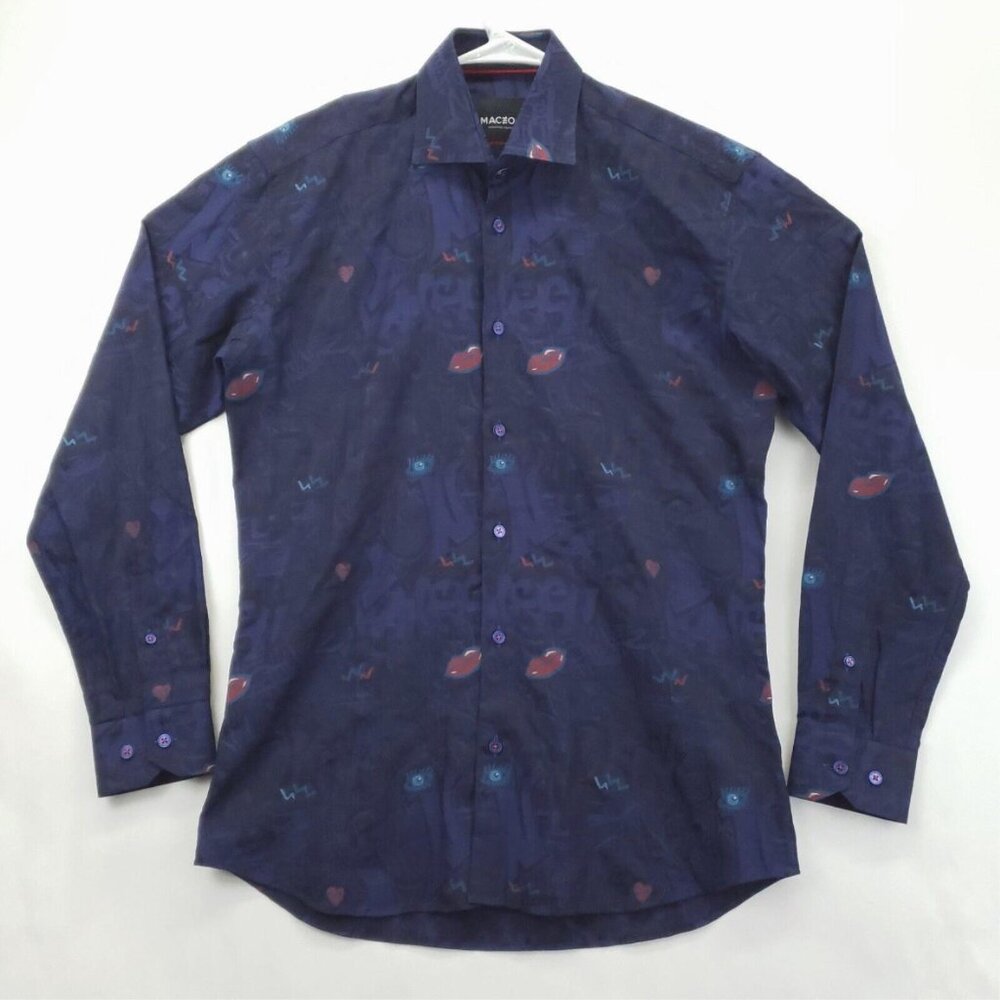 Maceoo Shirt Mens Small Purple Graffiti Lips Retro 100% Cotton Classic Button-Up